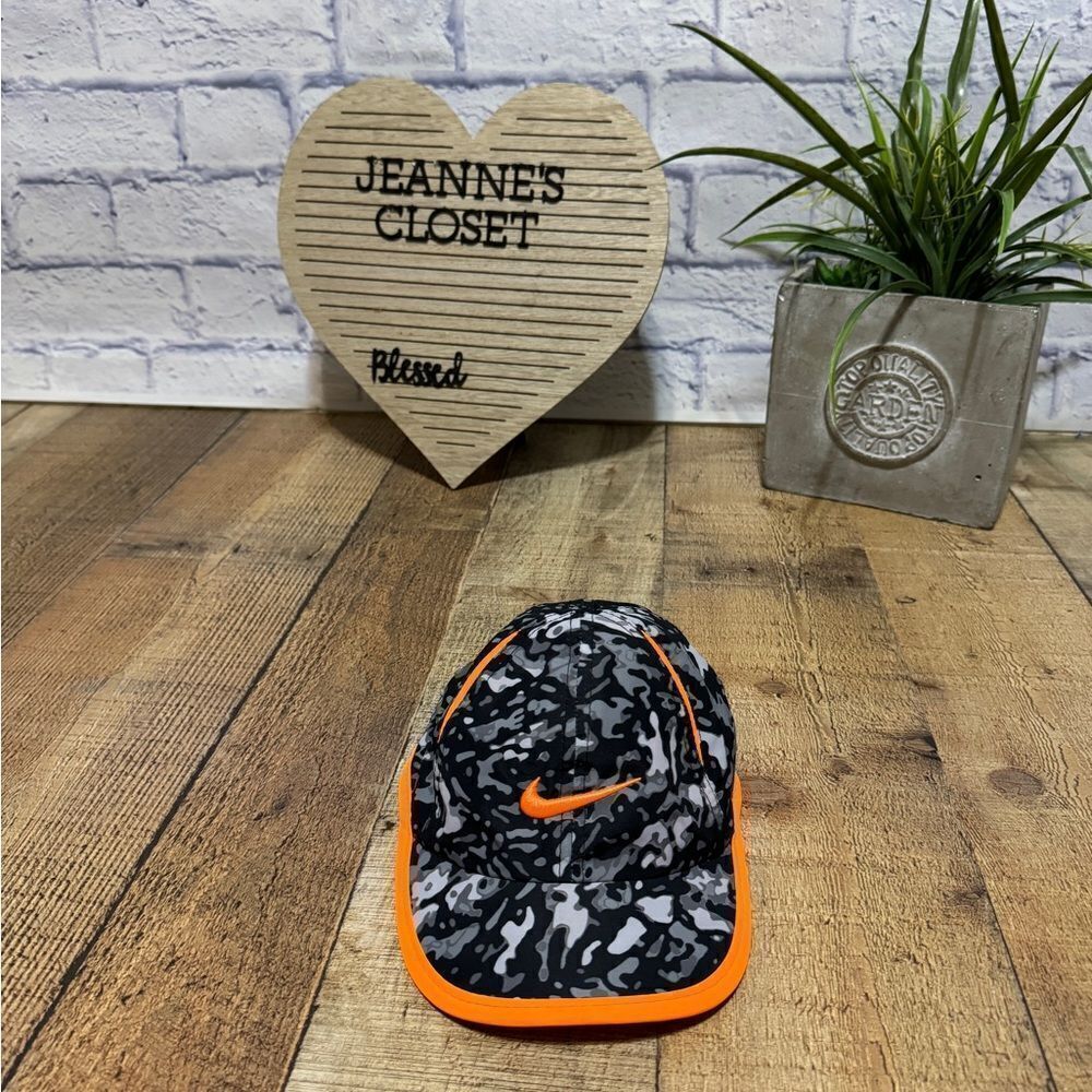 Nike Kids Infant Hat Gray Camouflage Baseball Cap Strap Closure Orange Trim- EUC